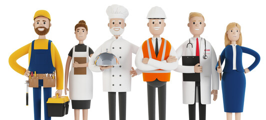 People of different professions. Builder, female waiter, cook, engineer, doctor and teacher. Labor Day. 3D illustration in cartoon style.