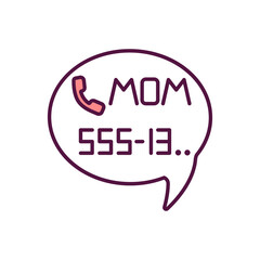 Call mom's phone number RGB color icon. Connect with parent. Parental care. Children memorize mother number. Communication with family. Speech bauble. Child safety. Isolated vector illustration
