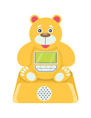 Children bear toy cell phone, educational child yellow plaything, concept kid plastic teddy flat vector illustration, isolated on white icon. Design concept baby toylike gadget with monitor, speaker.