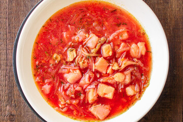 red tomato soup borscht fresh first course bouillon meat and vegetables ready to eat on the table meal snack outdoor top view copy space for text food background rustic image