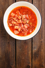 red tomato soup borscht fresh first course bouillon meat and vegetables ready to eat on the table meal snack outdoor top view copy space for text food background rustic image