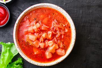 red tomato soup borscht fresh first course bouillon meat and vegetables ready to eat on the table meal snack outdoor top view copy space for text food background rustic image