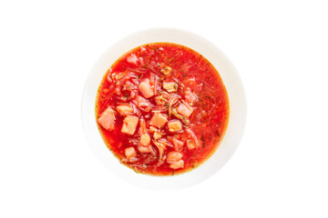 red tomato soup borscht fresh first course bouillon meat and vegetables ready to eat on the table meal snack outdoor top view copy space for text food background rustic image