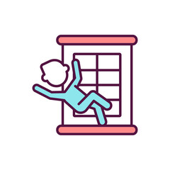 Child falling danger RGB color icon. Safety and injury precaution. Toddler physical trauma prevention. Kid fall from height. Children risk of falling from home window. Isolated vector illustration