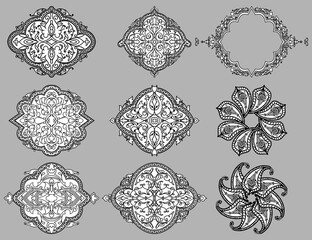 Set of 9 vector ornate Arabian calligraphic style vintage ornaments, simple line borders, frames, vignettes, dividers, pattern elements in black and white colors.