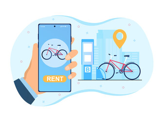 Hand is holding smartphone with bike sharing application. Bicycle is parked at city bike stop with GPS tracker. Concept of easy way to rent bicycle in the city. Flat cartoon vector illustration
