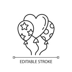Balloons linear icon. Party celebration. Romantic valentine present. Bundle of floating balloons. Thin line customizable illustration. Contour symbol. Vector isolated outline drawing. Editable stroke
