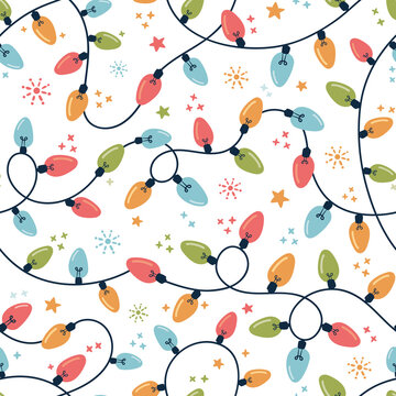 Holiday Christmas and New Year String Colorful Fairy Lights on White Background Vector Seamless Pattern. Winter Holiday Print.