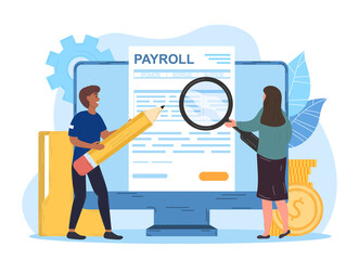 Male and female characters working on payroll administrative. Man and woman use pencil and magnifier to examine payroll check. Flat cartoon vector Illustration