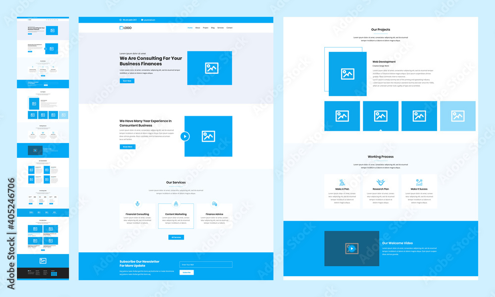 Wall mural one page landing website design template for business. landing page ux ui wireframe. flat modern res