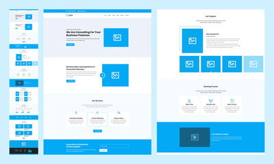 One page landing website design template for business. Landing page UX UI wireframe. Flat modern responsive design. website: home, about us, services, newsletter, projects, working process,  team.  - obrazy, fototapety, plakaty