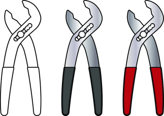 Line and coloured drawings.of an adjustable pipe wrench.