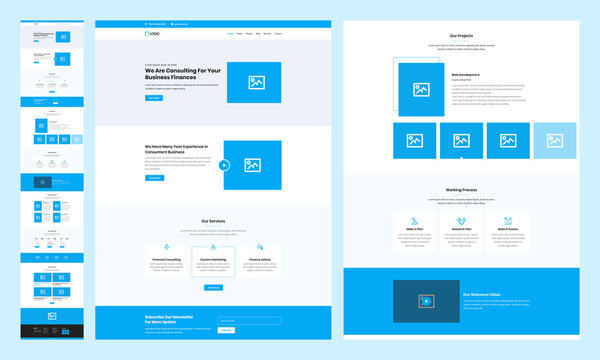 One Page Landing Website Design Template For Business. Landing Page UX UI Wireframe. Flat Modern Responsive Design. Website: Home, About Us, Services, Newsletter, Projects, Working Process,  Team. 