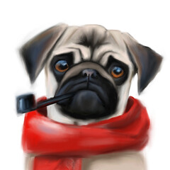 cute pug in the red scarf smoking a pipe, clipart, t-shirt design