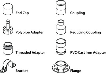 PVC pipe fittings: a selection of misc pieces and accessories. Line version.