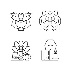 Family tradition and special occasions linear icons set. Christening ceremony, baby baptism. Customizable thin line contour symbols. Isolated vector outline illustrations. Editable stroke