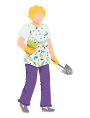 Female farmer gardener hobby, character hold garden stuff shovel, home flower pot with plant cartoon vector illustration, isolated on white. Concept favorite pastime helpful spend time.