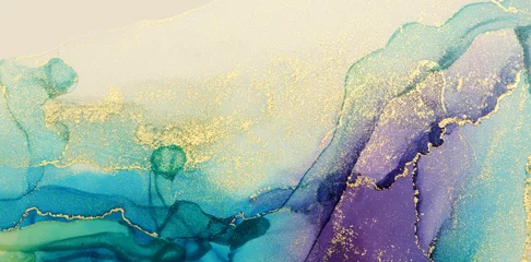Zelfklevend Fotobehang Abstract blue, violet and gold glitter color background. Marble texture. Alcohol ink colors. © Liliia