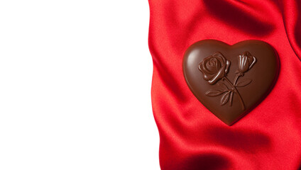 Chocolates heart shaped with a pattern of flowers on red silk.