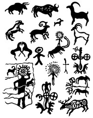 Set of vector illustrations of ancient prehistorical kaazkh Tamgaly petroglyphs, cave drawings and tribal carvings on the stones, made by ancient people.