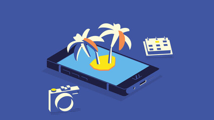 Vacation booking flat isometric low poly vector concept. Palms, photo camera and calendar.