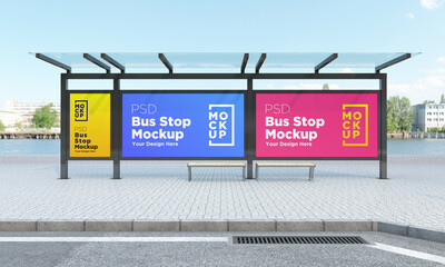 Bus stop bus shelter three signs mockup Sign Board Billboard Mockup Roadside Signage for Advertisement outdoor advertising © Microstocke