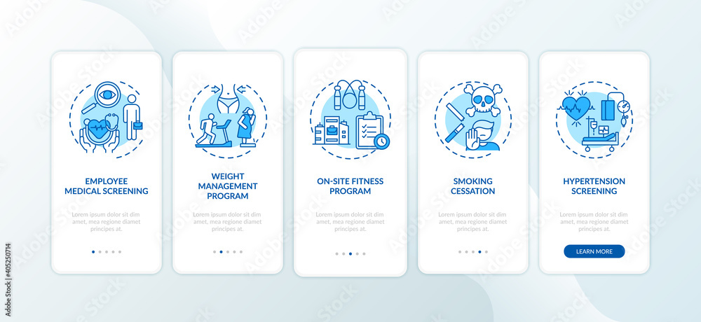 Wall mural workspace wellness programs onboarding mobile app page screen with concepts. medical screening, spor
