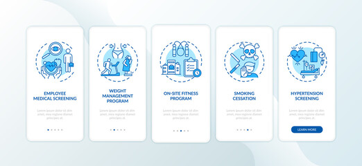 Workspace wellness programs onboarding mobile app page screen with concepts. Medical screening, sport walkthrough 5 steps graphic instructions. UI vector template with RGB color illustrations