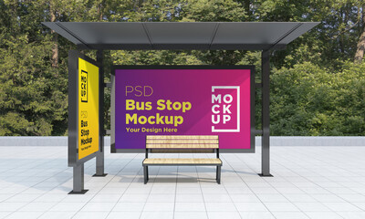 Bus stop bus shelter two signs mockup with bench Sign Board Billboard Mockup Roadside Signage for Advertisement outdoor advertising © Microstocke