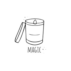 Hand drawn burning candle in glass Sketch Symbol isolated on white background. Vector Candle Sketch In Retro Style. Witchcraft, magic shop for witches and wizards. Magic candle, occult symbol