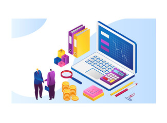 Tiny people business negotiations, online commercial talks, character shake hand partner 3d isometric vector illustration, isolated on white. Monetary currency establishment, financial institution.