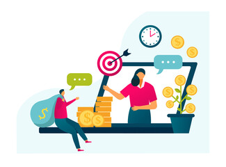 Character tiny male hold bag with money dollar, business growth startup businesswoman financial officer flat vector illustration, isolated on white. Online service bank account, concept means cash.