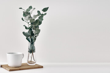 A vase with eucalyptus and a mug stand on a wooden stand on a white background. Minimalism, eco-materials in the interior decor. Copy space, mock up.