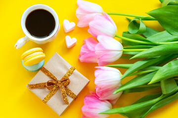 Cup of coffee with cookies and flowers.Coffee with macarons. Postcard March 8. Spring concept. Tulips.Women's Day.Gift for March 8.Gift for a girl.Coffee with macarons. Macarons.Tulips. 14 February