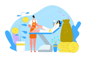 Woman massage skin care, female lying on couch read magazine, concept money massage therapy line flat vector illustration, isolated on white. Modern tree gold coin, big cash finance bag.