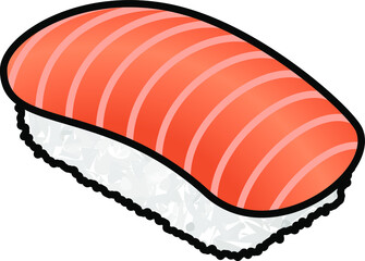 A piece of sushi with a slice of salmon.