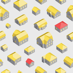 Seamless pattern with grey houses and yellow, red roofs. Suitable as icons, elements for infographics, website design, advertising and projects in the field of architecture, construction.