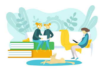 Cozy place for home rest, woman twins watch laptop and listen music, girl use gadget tablet flat vector illustration, isolated on white. Concept tiny people together sitting relaxing room.