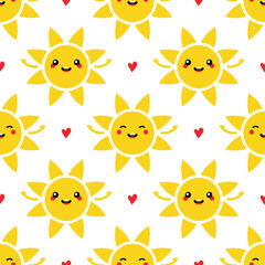 Cute smiling sun characters and hearts vector seamless pattern background for summer design.
