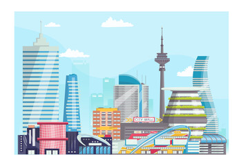 Concept modern futuristic urban landscape, city bannerview, big megapolis town flat vector illustration, isolated on white. Banner web online store, future settlement stylish town.