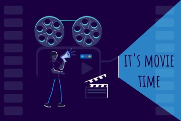 Movie time Vector concept flat on a blue background A man with a loudspeaker controls the shooting process Make a movie Cinema banner design template