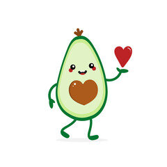 Cute cartoon style smiling avocado character holding in hand red heart. Love, appreciation and caring concept.
