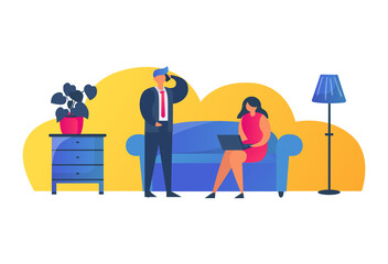 Woman character hold digital laptop, businessman mobile phone, people together business communication flat vector illustration, isolated on white. Concept cozy relaxing place rest room.