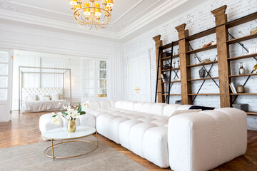 modern interior of a luxurious large bright two-room apartment. white walls, luxurious expensive furniture, parquet flooring and white interior doors