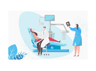 Doctor dentist character perform dental inspection examination tooth, male physician and female nurse flat vector illustration, isolated on white. Concept medical examination room, modern equipment.