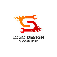 Letter S with wrench and fire for service and automotive logo design
