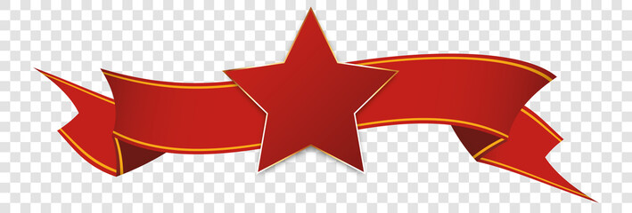 red vintage ribbon banner label with star on transparent background	
