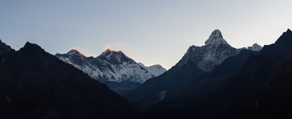 Sunrise over mount Everest, Lhotse and Ama Dablam mountains from Namche Bazaar, Sagarmatha, Nepal