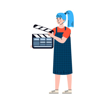 Movie Director Assistant Woman With Clapper Cartoon Character, Flat Vector Illustration Isolated On White Background. Worker Of Film Production Industry Or Cinematography.