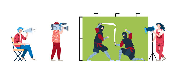 Film making with actors, videographer, lighting engineer and director. Shooting scene battle of ninja. Entertainment movie production in studio. Vector flat isolated illustration